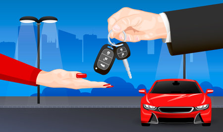Hands giving keys in night city parking of red luxury, sport car, expensive automobile. Woman and agent at deal purchase sell, rent. Realistic men hand in black suit with keys. vector illustrationのイラスト素材
