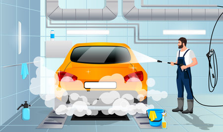 car wash service. Car wash inside. Worker in uniform washing automobile with foam by high pressure water. Professional detailing washer in auto spa. Cleaning garage station vector illustrationのイラスト素材