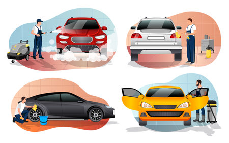 car wash workers logo. carwash icons. Auto cleaning worker in uniform drying black automobile with cloth. People washing vehicle and man with vacuum cleaner cleaning colorful cars. vector illustrationのイラスト素材