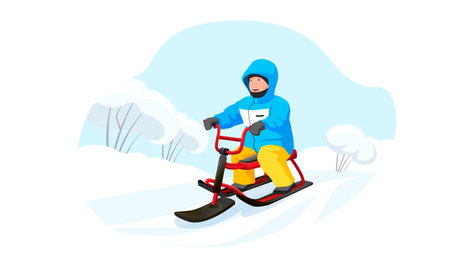 Young boy slides snow scooter on winter holiday. Wintertime ride sleigh activity for kids. Child in the hood enjoy outdoor snowy, cold weather. Cartoon Vector illustration Isolated on white backgroundのイラスト素材