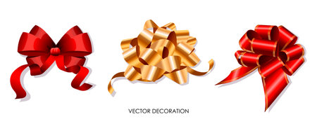 Set of decorative gift bows isolated on white background. Holiday decoration silk tape for surprise, present box. Golden, red spiral ribbons for package Christmas sale collection. vector illustration.のイラスト素材