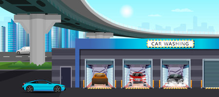 car wash service station. Automatic carwash in cityscape under bridge. Auto spa cleaning garage. Washing vehicle high pressure with brushes in detailing box. Clean and shiny car. vector illustrationのイラスト素材