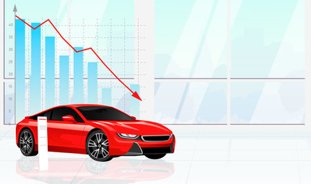 Showroom with new expensive car. Agent, woman in red Jacket near sport car inside dealership. Boost sales of vehicles. Price growing on graph, bars, chart. luxury sport transport. vector illustrationのイラスト素材