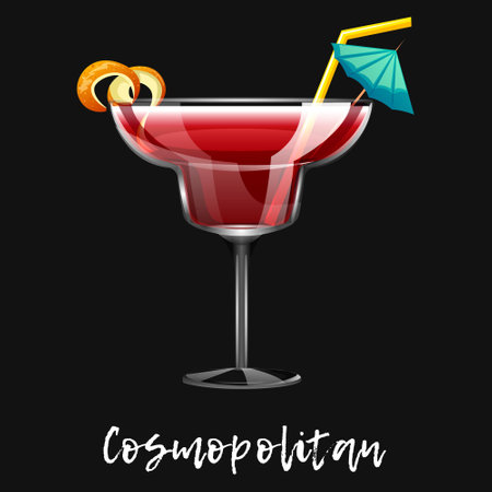 Alcoholic cocktail cosmopolitan on black background. Bar drink, beverage in glass for menu. vector illustrationのイラスト素材