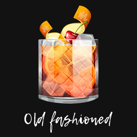 Alcoholic cocktail old fashioned on black background. Bar drink, beverage in glass for menu. vector illustrationのイラスト素材