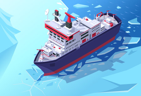 Isometric icebreaker is shipping at Antarctic north pole breaking ice. Horizon with sun in the background. Concept of industrial watercraft. vector graphic illustrationのイラスト素材