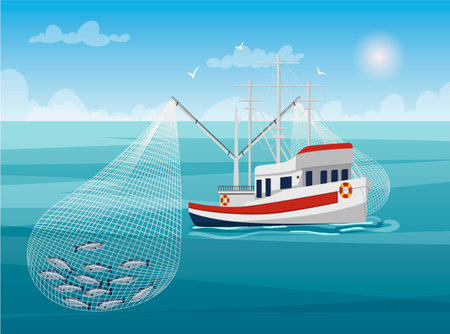 Seiner hunting fish. Concept of industry ship in working process. Horizon with clouds and sun in the background. vector graphic illustrationのイラスト素材