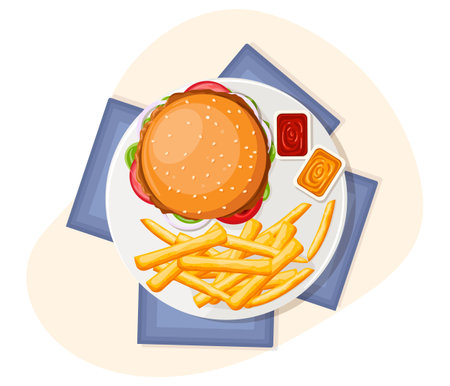Serving of healthy burger with fried fries. Full portion popular fast food lunch with fried potatoes. Street food restaurant menu. American dish meal for cafe, bar, pub Isolated flat vector illustrationのイラスト素材