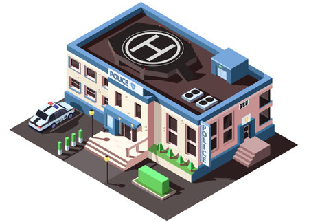 Building of police department, station with helipad on roof and standing police car. 3D element of city, town, urban infrastructure. Isometric vector illustration.のイラスト素材