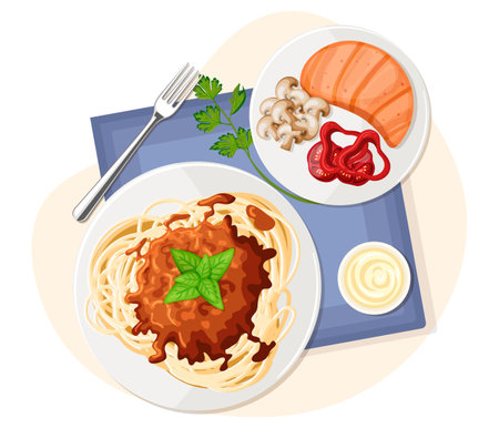 Serving of Italian pasta Bolognese, mushrooms, peppers, tomatoes. Mediterranean lunch dish, dinner meal, popular ingredients and traditional tasty menu served napkin. Isolated flat vector illustrationのイラスト素材