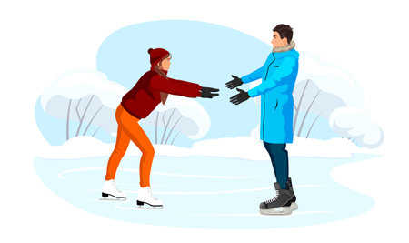 Young man and woman skating on ice. Winter snowy season holiday sport activity. Lovely skaters enjoy of skates on blue ice rink, frozen lake, river. Romantic meeting boy and girl. vector illustrationのイラスト素材