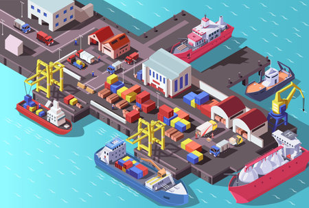 Cargo port with ships isometric. sea dock industry. Crane loading container on vessel. commercial logistic terminal. Oil tanker export and gas carrier import barge. water shipment vector illustrationのイラスト素材