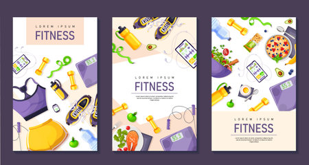 fitness gym girl accessories poster. training equipment for women. Flyer sport motivation. Workout icons. Female violet suit, yellow shorts, bottle of water, scales, sneakers. vector illustrationのイラスト素材