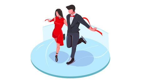 Professional figure skaters couple dancing in sport performance. Man in black suite and beautiful woman in red dress skating on round ice rink. Competition icon Isometric design. vector illustrationのイラスト素材