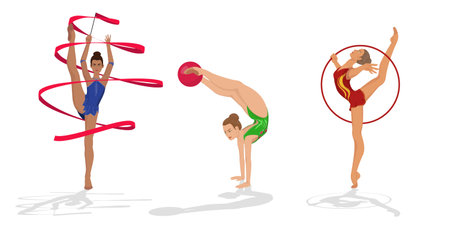 Artistic gymnastics sports balance with ball and ribbon, flexibility stands on hands, agility in hoop. Movements in rhythmic gymnastics tumbling, Acrobatic, Aerobic. Isolated icon vector illustrationのイラスト素材