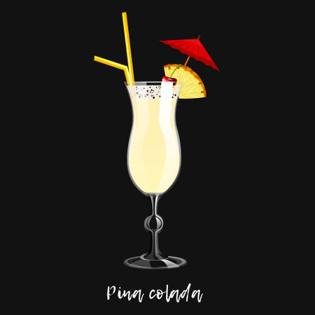 Alcoholic cocktail pina colada on black background. Bar drink, beverage in glass for menu. vector illustrationのイラスト素材