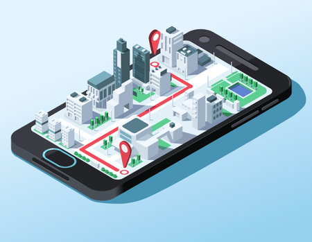 Navigator service application. 3d city map with isometric business center buildings. Taxi service digital technology. Location street point, red line route on screen smart phone. vector illustrationのイラスト素材