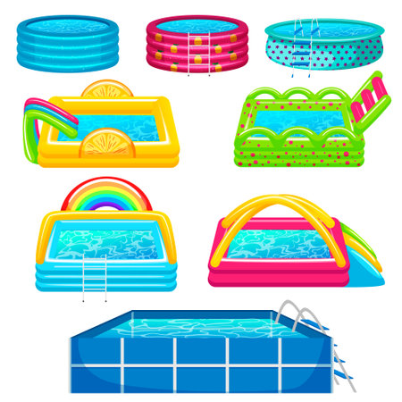 Set of inflatable swimming pools with blue water for kid, child vacation. Orange slice and colorful slide pool side. Rainbow, tubes, arches, decoration. Isolated on white background vector illustrationのイラスト素材