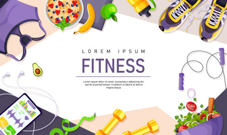 Fitness gym accessories top view. Equipment sport woman background. App smartphone, yellow dumbbell, healthy food. female motivation. Workout elements violet flat design flyer. vector illustrationのイラスト素材