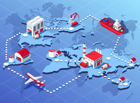global logistics network. Concept of international cargo transportation. Air, sea, maritime, road freight transport, freight shipping, warehouse storage, export, import. isometric vector illustrationのイラスト素材