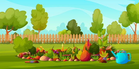 Summer backyard garden with blooming bushes, watering can, flowers, fence, flower bed, equipment, grass, park plants, green trees. Flowerbed with stones, blossoms. vector illustrationのイラスト素材