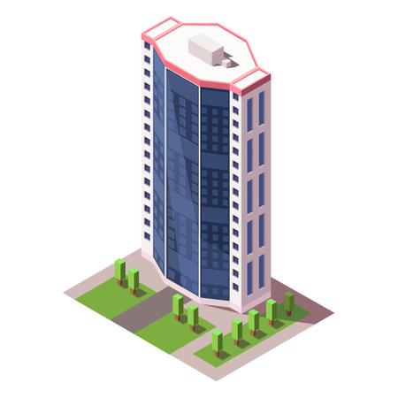 Isometric skyscraper building. Business office and commercial towers. City development in 3D design. Finance cityscape architecture, street elements for map. vector illustrationのイラスト素材