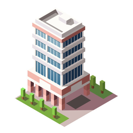 Isometric skyscraper building. Business office and commercial towers. City development in 3D design. Finance cityscape architecture, street elements for map. vector illustrationのイラスト素材