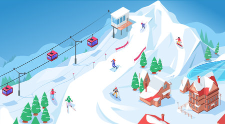 Winter sports activity, isometric ski resort in mountains, alps with snowboarders and skiers on downhill. People using funicular, lift for slide from snowy peak of hill, rock. 3d vector illustrationのイラスト素材