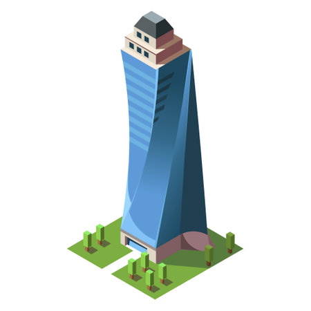 Isometric skyscraper building. Business office and commercial towers. City development in 3D design. Finance cityscape architecture, street elements for map. vector illustrationのイラスト素材