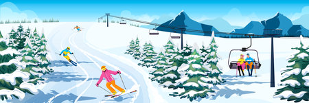 Advanced skier slides near mountain downhill. Sports descent on skis in mountains hills. winter activity. Skiing in winter Alps. Winter sport resort with mountain landscape. vector illustrationのイラスト素材