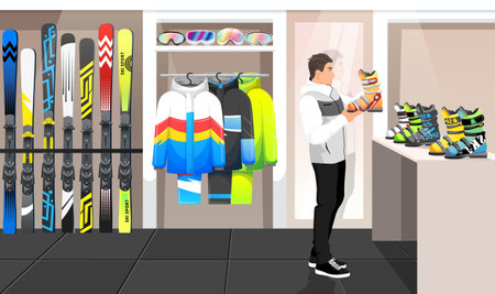 Winter sport equipment shop for skier, store interior. Rent of mountain skiing, snowboarding equipment. Elements for ski resort, mountain activities. Winter activities boutique. vector illustrationのイラスト素材