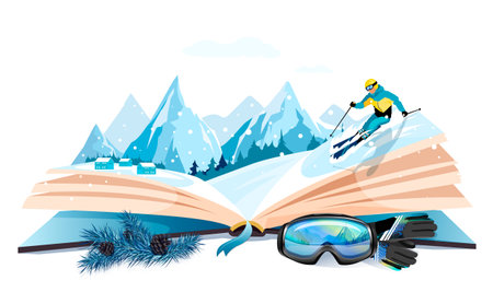 Open book, winter nature inside. Imagination, fantasy, magic in literature concept. Season fairy tale, storybook, textbook. Skier, mountain landscape picture, face protective mask. vector illustrationのイラスト素材