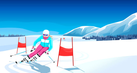 Advanced skier slides near mountain downhill. Sports descent on skis in mountains hills. winter activity. Skiing in winter Alps. Winter sport resort with mountain landscape. vector illustrationのイラスト素材