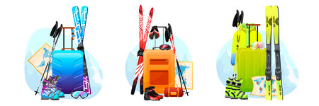 Set of winter sport equipment for ski tourism. Equipment for mountain skiing. Elements for extreme activity skis, boots, glasses, pole, colorful luggage. Sportswear icon. vector illustrationのイラスト素材
