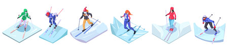 Cross-country skiing. Set of cross country skiers. winter sports activity. Young advanced man and woman skier on ski. Isometric vector illustration.のイラスト素材