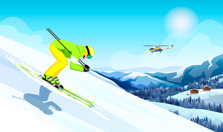 Advanced skier slides near mountain downhill. Sports descent on skis in mountains hills. winter activity. Skiing in winter Alps. Winter sport resort with mountain landscape. vector illustrationのイラスト素材