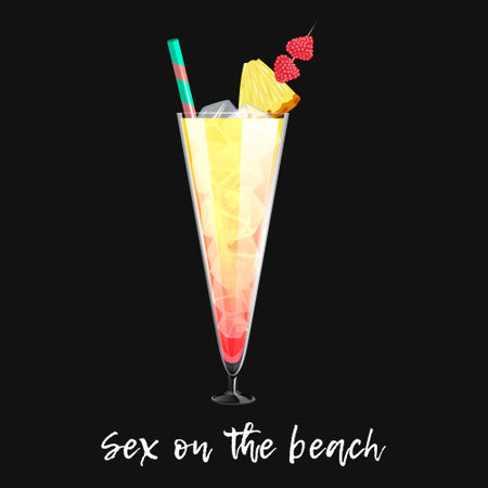 Alcoholic cocktail sex on the beach on black background. Bar drink, beverage in glass for menu. vector illustrationのイラスト素材