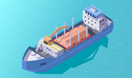 Ocean cargo transport ship isometric. Sea vessel type 3d. logistics ship. Water shipment crane container. vector illustrationのイラスト素材