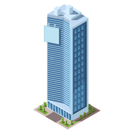 Isometric skyscraper building. Business office and commercial towers. City development in 3D design. Finance cityscape architecture, street elements for map. vector illustrationのイラスト素材