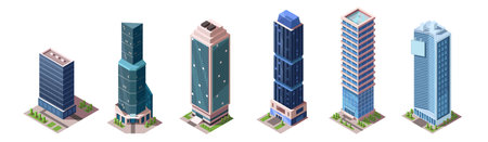 Isometric skyscrapers buildings collection. Set of business office and commercial towers. City development in 3D design. Finance cityscape architecture, street elements for map. vector illustrationのイラスト素材