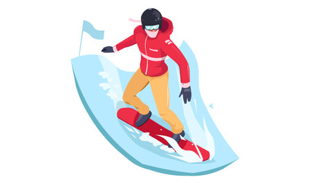 Snowboarder in red uniform with helmet and glasses. Sports man Icon, snowboarder sliding down on ice. Competition concept for game, graphic resource, new modern design. isometric vector illustrationのイラスト素材