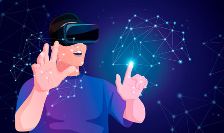 Man in glasses, vr headset create drawing wireframe lines by fingers 3d virtual reality space. Digital technologies abstract hologram. Modern graphic design in augmented universe. vector illustrationのイラスト素材