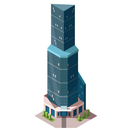 Isometric skyscraper building. Business office and commercial towers. City development in 3D design. Finance cityscape architecture, street elements for map. vector illustrationのイラスト素材