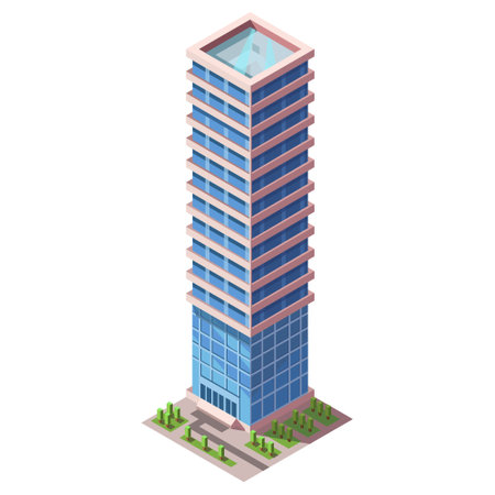 Isometric skyscraper building. Business office and commercial towers. City development in 3D design. Finance cityscape architecture, street elements for map. vector illustrationのイラスト素材