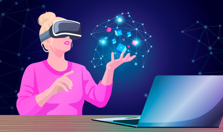 Girl in vr glasses creating drawing wireframe lines by finger. Woman in virtual reality headset working with abstract 3d hologram. Modern graphic design in augmented universe app. vector illustrationのイラスト素材