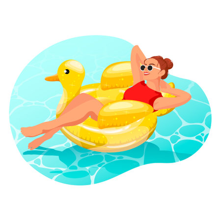 Young woman in red swimsuit lies on inflatable swimming circle in shape of yellow duck. Girl in sunglasses with beautiful legs chilling in blue water hotel pool. Summer time relax. vector illustrationのイラスト素材