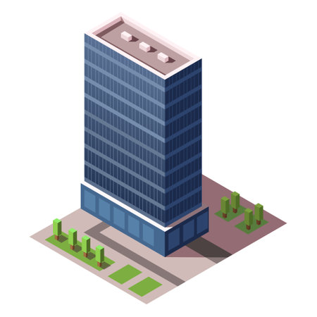 Isometric skyscraper building. Business office and commercial towers. City development in 3D design. Finance cityscape architecture, street elements for map. vector illustrationのイラスト素材