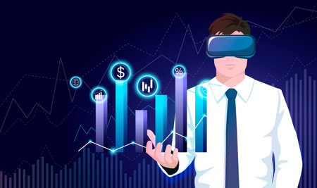 Businessman in vr glasses holds in hand market data, forex stocks, finance graphs, bars. Office manager, trader working with infographics in virtual reality. Finance analytics job. vector illustrationのイラスト素材