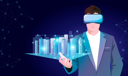 Man in vr glasses holds in hand hologram of cityscape buildings, downtown, skyscrapers. Augmented concept office skyline, digital technology business city network virtual reality. vector illustrationのイラスト素材