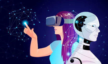 Woman in vr glasses building cyborg, robot, humanoid in 3d space. Digital technology bionic science app for creating robotic machine with ai. Future evolution program for humanity. vector illustrationのイラスト素材
